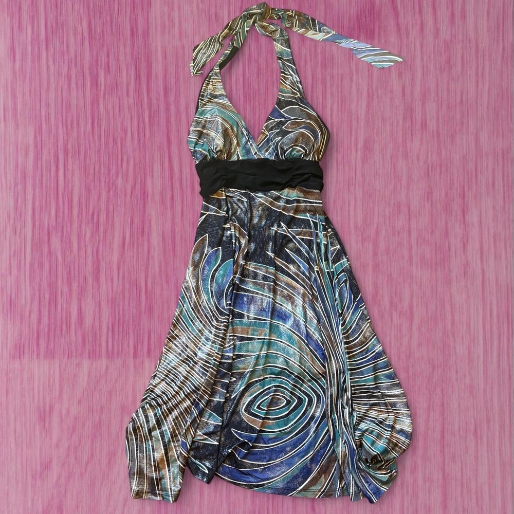 Y2K halter dress with abstract swirl pattern in blue, teal, and brown